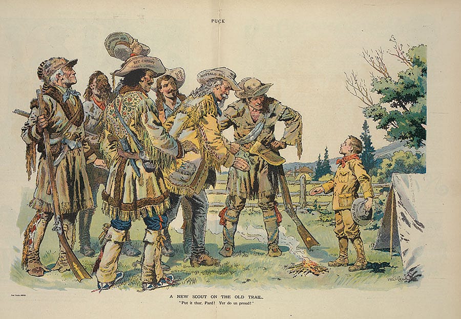 "A new scout on the old trail" with "Davy Crockett, Buffalo Bill, Texas Jack [Omohundro], Kit Carson, California Joe, [and] Dan'l Boone," June 5, 1912. LC-DIG-ppmsca-27847