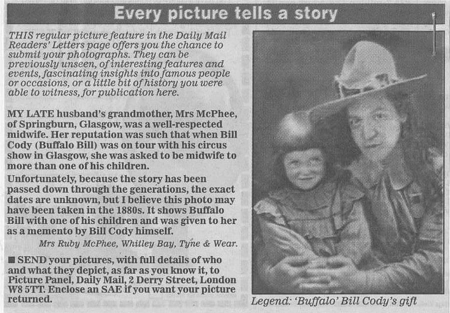 Every picture tells a story news clipping. Courtesy of the Bailey family of Rayleigh, Essex, UK. Montana Bill portrait. Courtesy of the Bailey family of Rayleigh, Essex, UK.