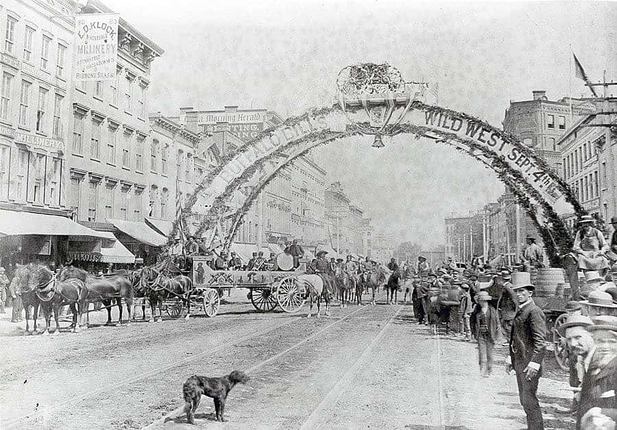Buffalo Bill's Wild West show parade, 1884. Broadway and Union Square, New York City. Vincent Mercaldo Collection. P.71.1307