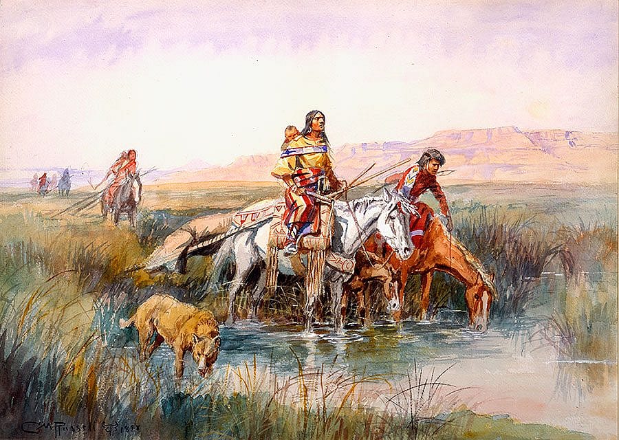 Charles M. Russell (1964-1926). "Indian Women Moving Camp," 1898. Watercolor on paper. Gift of William E. Weiss. 21.70