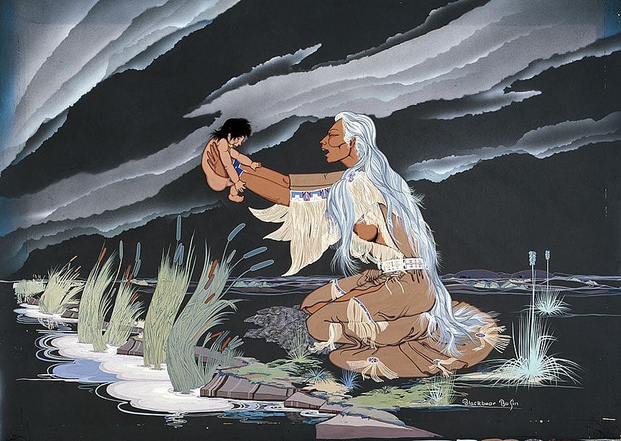 Blackbear Basin (1921-1980). "Mandan Mother and Child," ca. 1963. Gouache on illustration board, 29 x 40 in. Gift of Mr. and Mrs. Robert Wallick in memory of Wallace C. Ford. 13.74