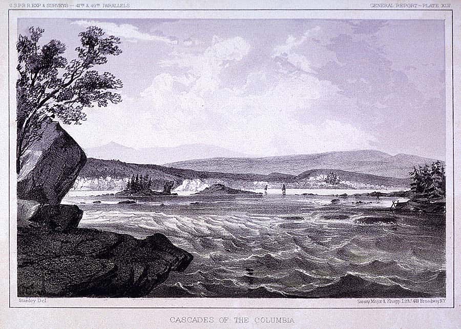John Mix Stanley, an adventurer at heart, canoed down the Columbia River beginning in 1847 and painted the interesting landmarks and peoples he encountered. John Mix Stanley (1814-1872). "Cascades of the Columbia," ca. 1860. Lithograph on paper, 8 x 11 inches. Gift of David E. and Dianne L. Michener and James H. and Nancy L. Michener. 2.87.7