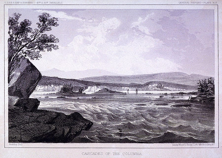 John Mix Stanley, an adventurer at heart, canoed down the Columbia River beginning in 1847 and painted the interesting landmarks and peoples he encountered. John Mix Stanley (1814-1872). "Cascades of the Columbia," ca. 1860. Lithograph on paper, 8 x 11 inches. Gift of David E. and Dianne L. Michener and James H. and Nancy L. Michener. 2.87.7