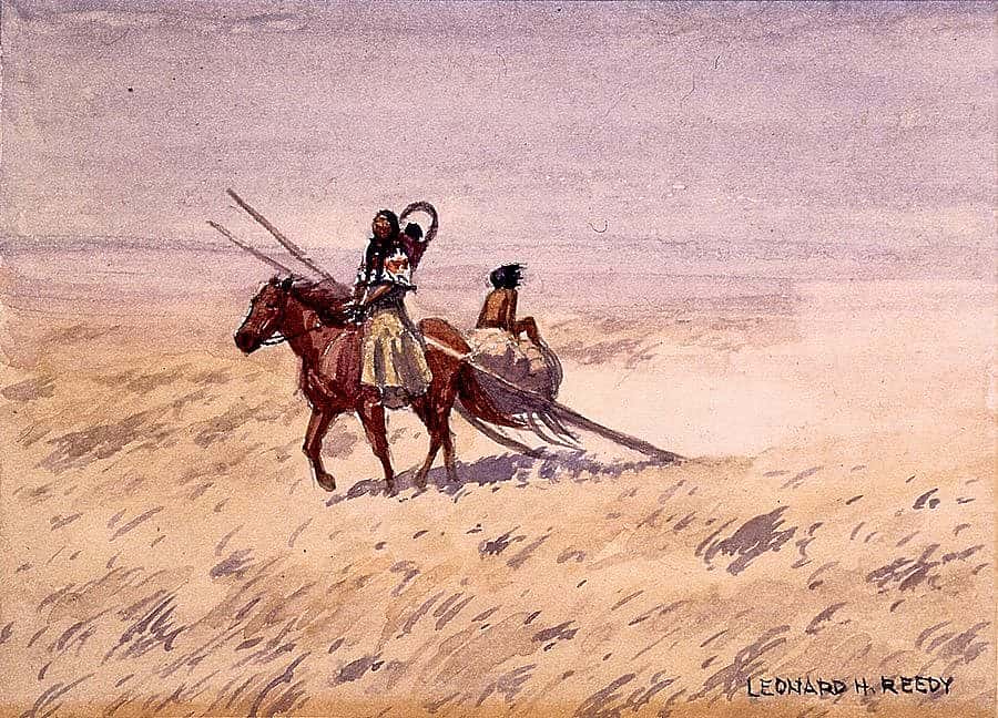 Leonard Reedy (1899-1956). "Squaw with Travois," date unknown. Watercolor on paper, 4.375 x 6.25 inches. Gift of Corliss C. and Audrienne H. Moseley. 3.65