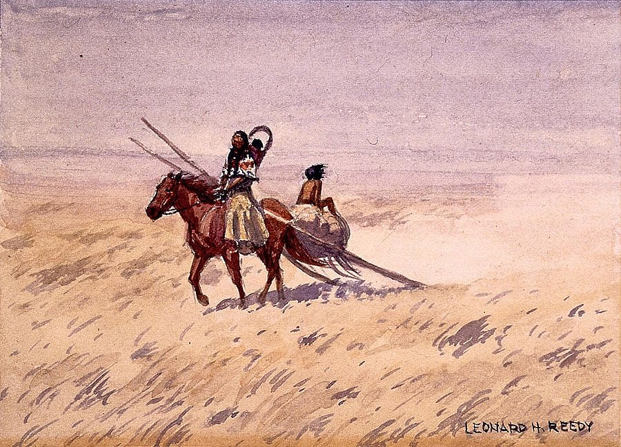 Leonard Reedy (1899-1956). "Squaw with Travois," date unknown. Watercolor on paper, 4.375 x 6.25 inches. Gift of Corliss C. and Audrienne H. Moseley. 3.65