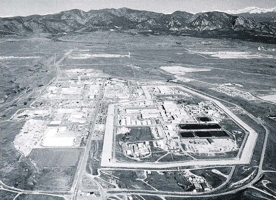 In 1950, Dow Chemical Company was chosen by the Atomic Energy Commission to establish the Rocky Flats Plant outside Denver as an atomic bomb trigger fabrication facility. Library of Congress American Memory Project, "Built in America." HAER Colo, 30-Gold. V, 1-12