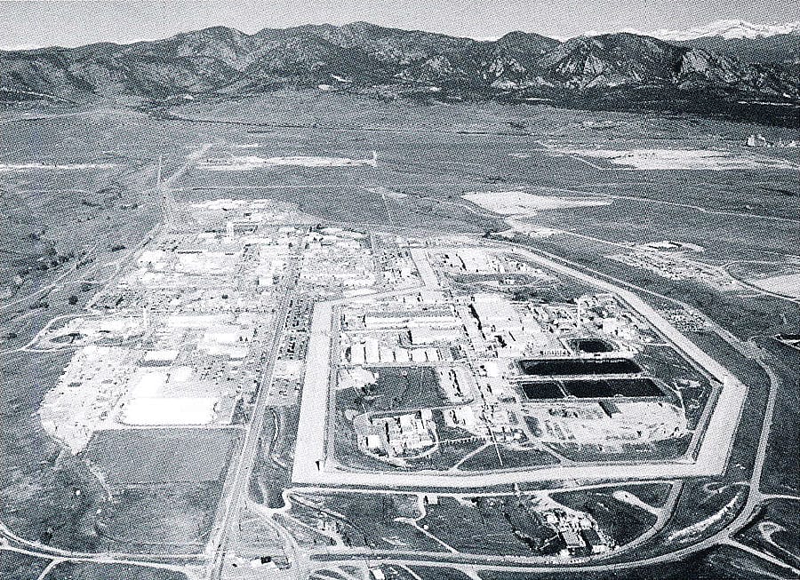 In 1950, Dow Chemical Company was chosen by the Atomic Energy Commission to establish the Rocky Flats Plant outside Denver as an atomic bomb trigger fabrication facility. Library of Congress American Memory Project, "Built in America." HAER Colo, 30-Gold. V, 1-12