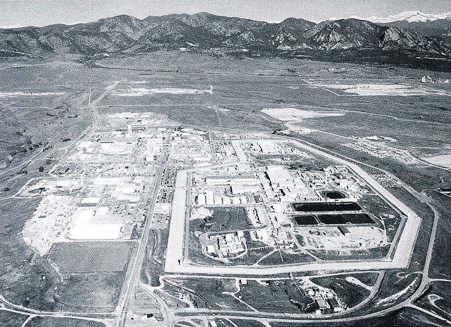In 1950, Dow Chemical Company was chosen by the Atomic Energy Commission to establish the Rocky Flats Plant outside Denver as an atomic bomb trigger fabrication facility. Library of Congress American Memory Project, "Built in America." HAER Colo, 30-Gold. V, 1-12