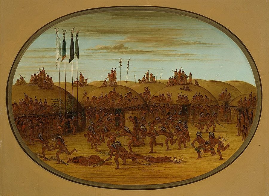 George Catlin (1796-1872). "The Last Race, Mandan (Eeh-K'na-K'nah-Pic)," ca. 1855-1870. Oil on paperboard. Gift of Paul Melon. 28.86