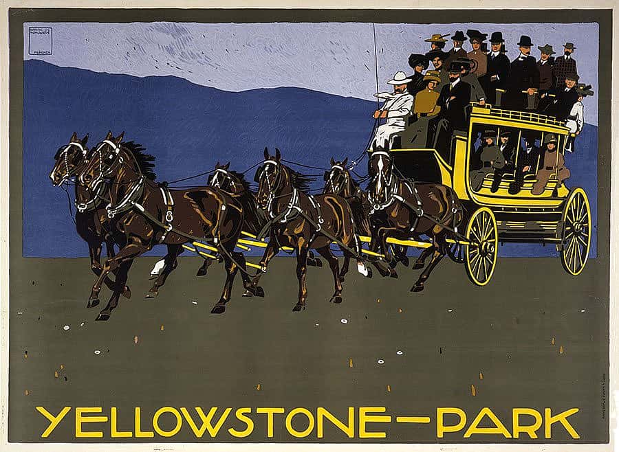 Serigraph poster, Yellowstone National Park Transportation Company coach. Ludwig Hohlwein, Munich, H. Schuh and Cie, printers, ca. 1910. Gift of Clyde S. Erskine and Helen E. Erskine. 1.69.1836