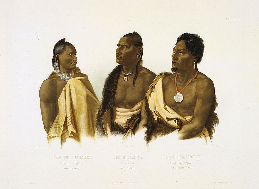 Bodmer's paintings of Native peoples gave Fritz a sense of the culture that awaited the Corps of Discovery. Karl Bodmer (1809-1893). "Missouri Indian, Oto Indian, Chief of the Poncas," ca. 1840-1843. Hand-colored aquatint on paper, 18.125 x 24.875 inches. Gift of Clara S. Peck. 21.69.7