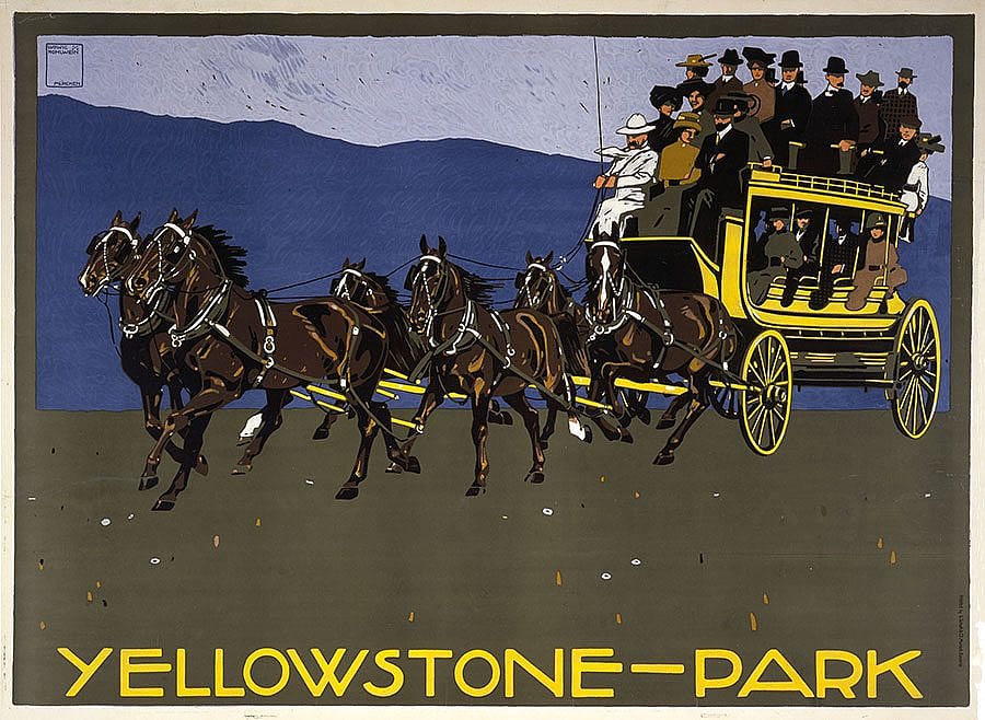 Serigraph poster, Yellowstone National Park Transportation Company coach. Ludwig Hohlwein, Munich, H. Schuh and Cie, printers, ca. 1910. Gift of Clyde S. Erskine and Helen E. Erskine. 1.69.1836