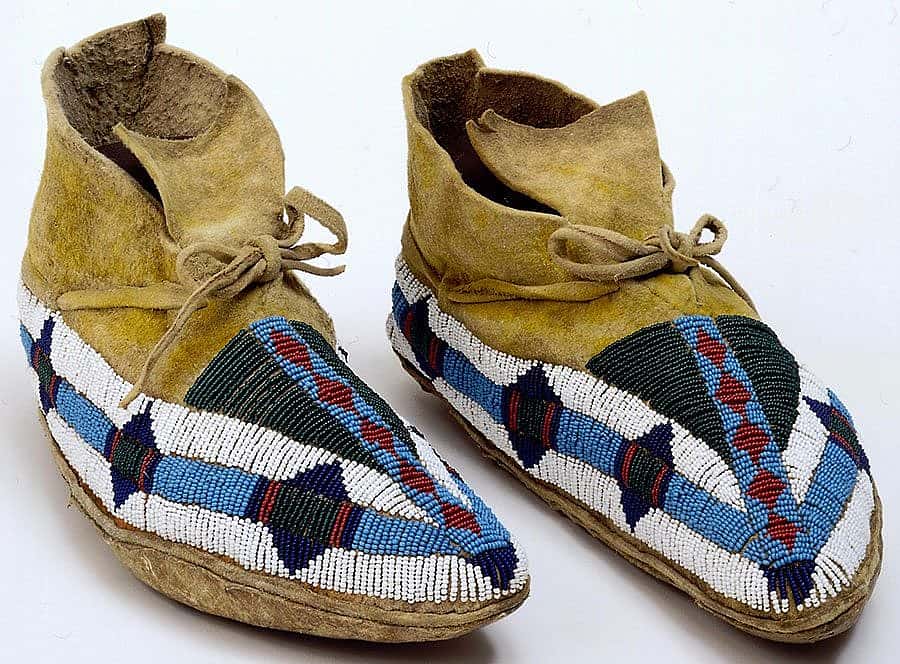 Moccasins, ca. 1885. Ute. Rawhide, deerskin, seed beads, pigments. Gift of The Coe Foundation. 1.67.21