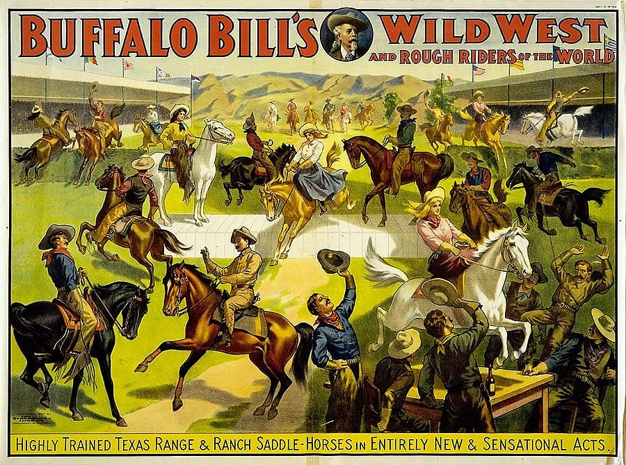 Trick riding was always a big part of the Wild West. Four-color lithograph, ca. 1907. The Strobridge Litho Co., Cincinnati, OH, and New York, NY. 1.69.2701