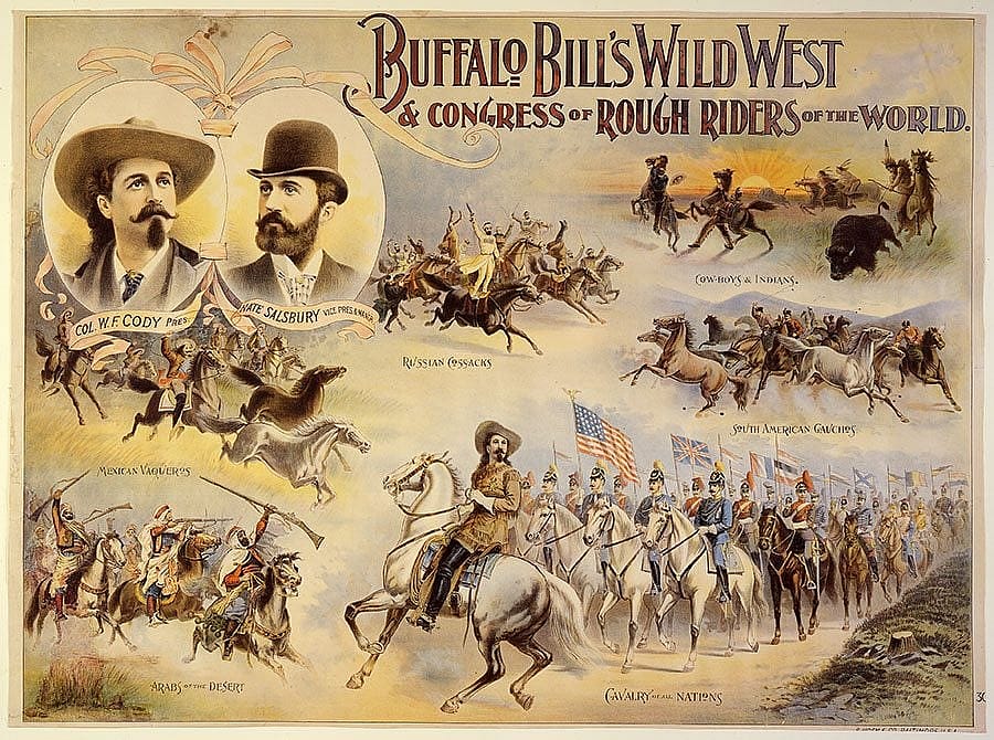 Buffalo Bill celebrated the ancient relationship between horse and man in his Wild West exhibition. Here, horsemen from all over the world share the stage. Gift of The Coe Foundation. 1.69.170
