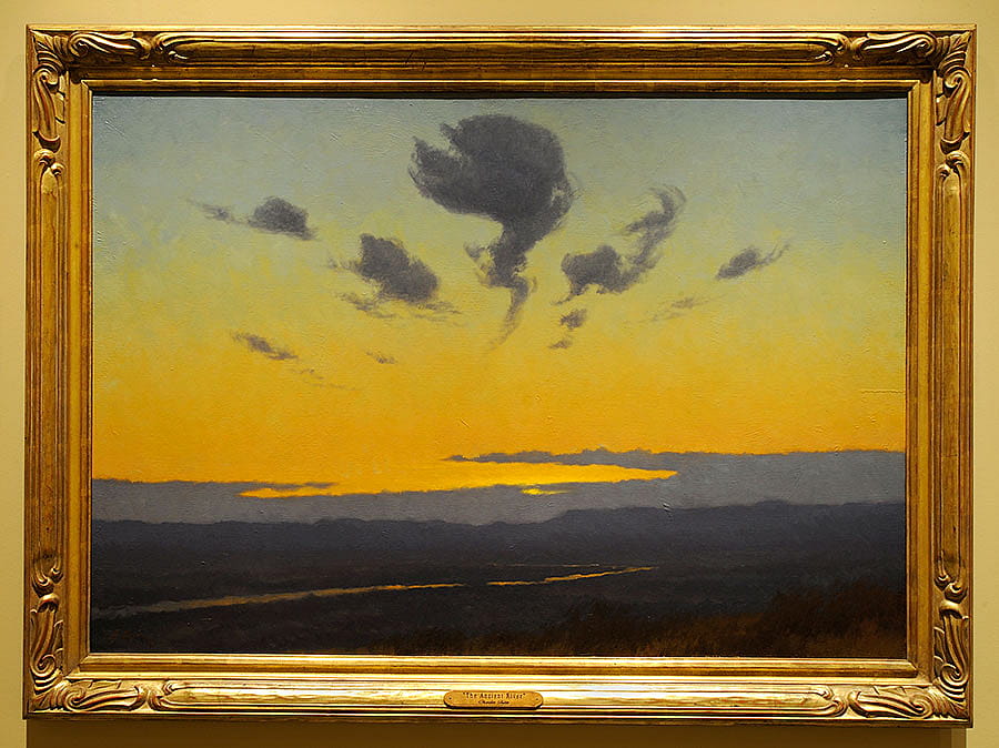 More than a hundred years later, Fritz paints his interpretation of the Missouri. Charles Fritz (b. 1955). "The Ancient River," 1999. Oil on board, 32 x 46 inches. From the collection of Timothy Peterson.