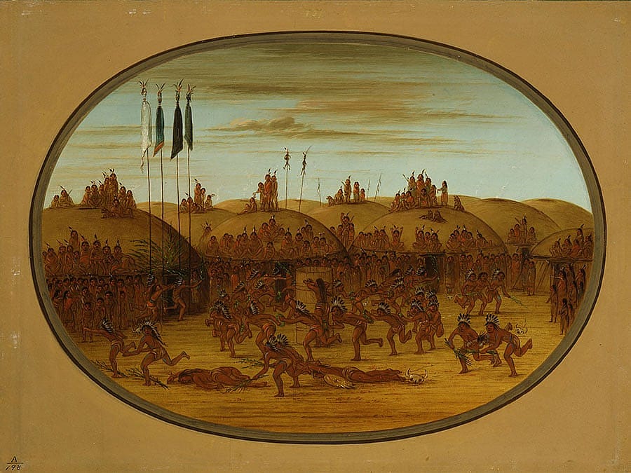 Both Catlin and Fritz depicted the Mandans of the Lewis and Clark journals. George Catlin (1796-1872). "The Last Race, Mandan (Eeh-K'na-K'nah)," 1855-1870. Oil on paperboard, 18.5 x 25 inches. Gift of Paul Mellon. 28.86