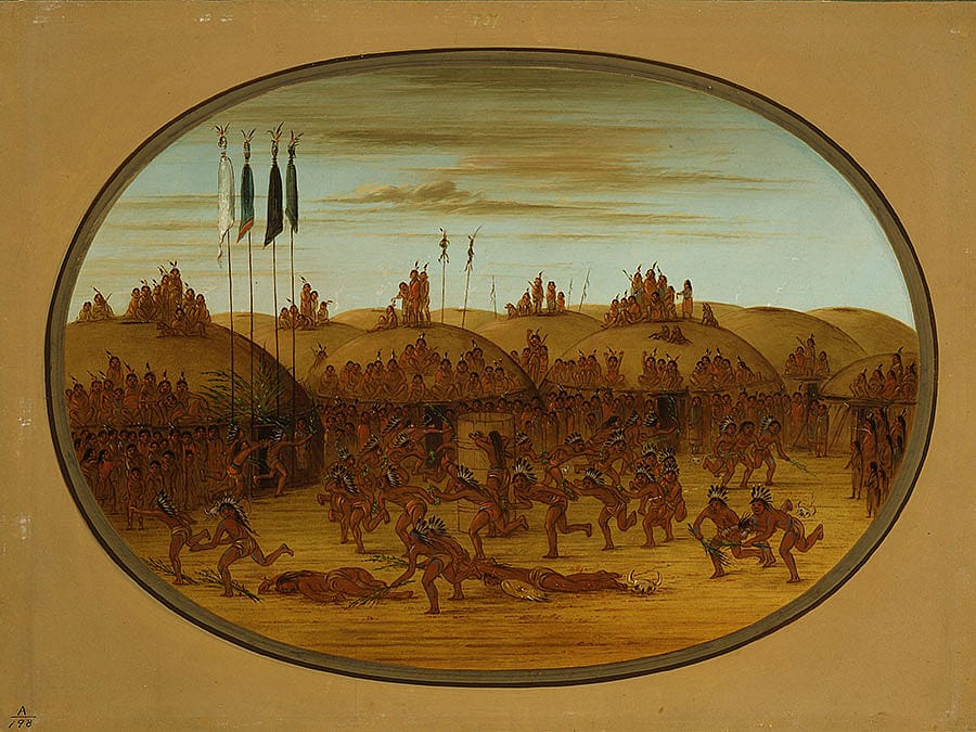 Both Catlin and Fritz depicted the Mandans of the Lewis and Clark journals. George Catlin (1796-1872). "The Last Race, Mandan (Eeh-K'na-K'nah)," 1855-1870. Oil on paperboard, 18.5 x 25 inches. Gift of Paul Mellon. 28.86