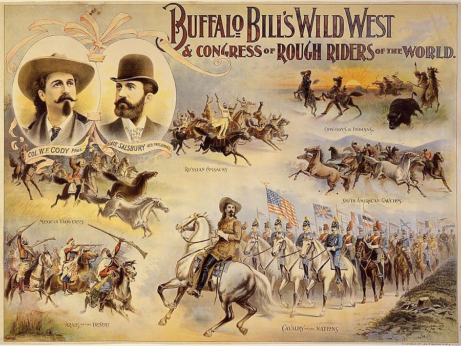 Blanche couldn't help looking over her shoulder at the cavalry. Wild West poster, ca. 1895. Four-color lithograph, A. Hoen & Co., Baltomore, MD. Gift of The Coe Foundation. 1.69.170