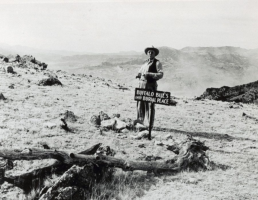 Ned Frost at Buffalo Bill's chosen burial place near Cody, Wyoming, ca. 1950. Black and white photograph. MS71 Vincent Mercaldo Collection. P.71.1477