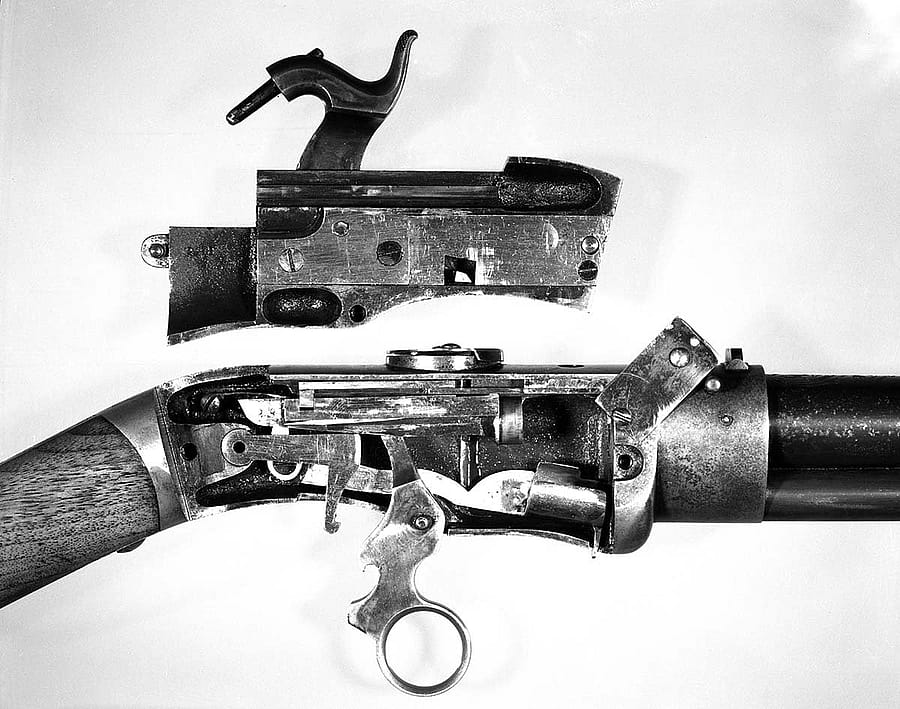 Jennings 2nd type rifle, close-up of action. MS 20 Winchester Repeating Arms Collection, McCracken Research Library. P.20.1360