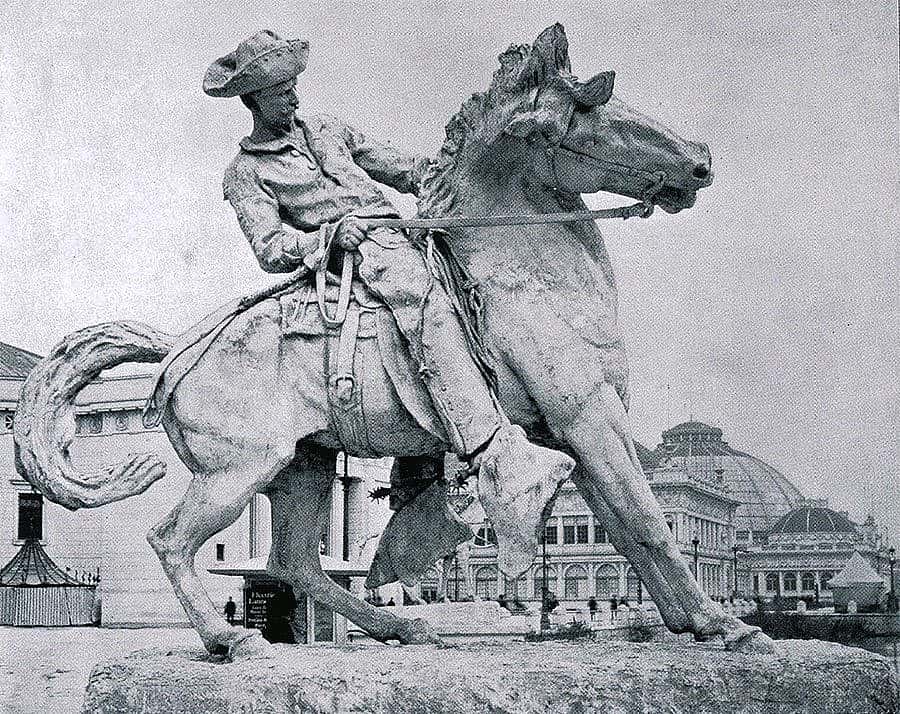 Proctor's "Cowboy" at the World's Columbian Exposition, Chicago, 1893. Photographic illustration from "The Dream City, A Portfolio of Photographic Views of the World's Columbian Exposition with an introduction by Halsey C. Ives" (St. Louis: N.D. Thompson Co., 1893-94).