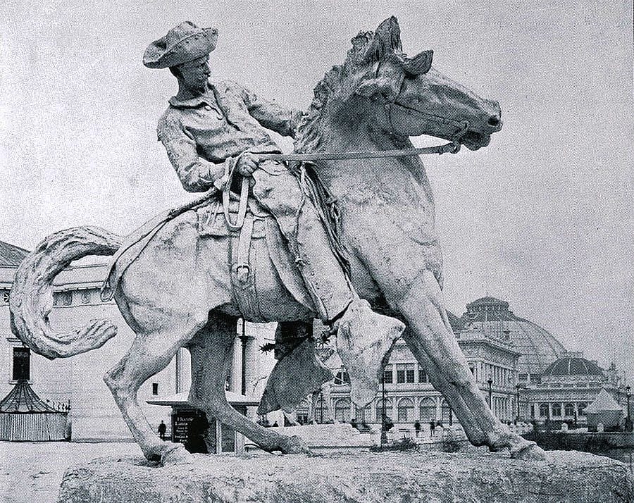 Proctor's "Cowboy" at the World's Columbian Exposition, Chicago, 1893. Photographic illustration from "The Dream City, A Portfolio of Photographic Views of the World's Columbian Exposition with an introduction by Halsey C. Ives" (St. Louis: N.D. Thompson Co., 1893-94).