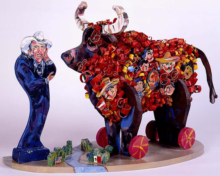 Audrey Roll-preissler (b 1932). "Trojan Piñata (Portrait of Alan Simpson)," 1987. Polychromed wood with paper, 21.25 x 32.5 x 14.75 inches. Gift of the artist. 10.93