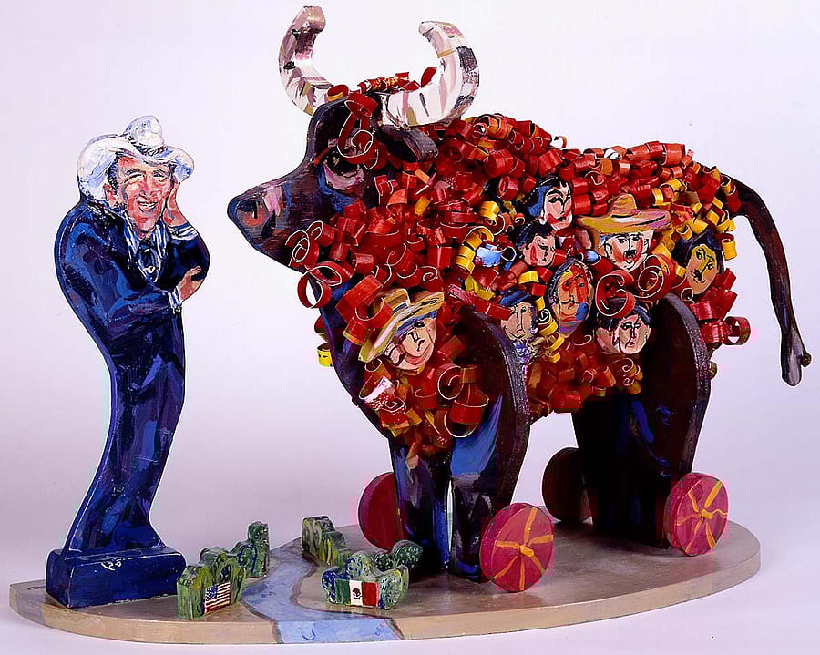 Audrey Roll-preissler (b 1932). "Trojan Piñata (Portrait of Alan Simpson)," 1987. Polychromed wood with paper, 21.25 x 32.5 x 14.75 inches. Gift of the artist. 10.93