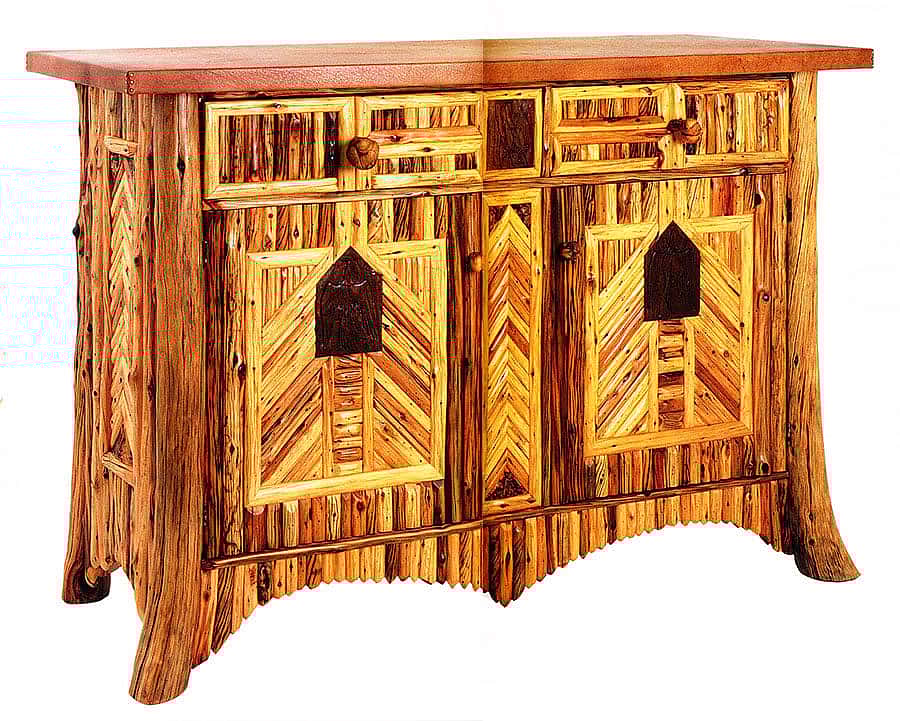 "Corral Creek Sideboard" (1994) by Covert Workshops, Cody, Wyoming. Photo by Devendra Shrikhande. [Please note, image in print magazine was split across a two-page spread; alignment here slightly flawed.] From the 2001 exhibition Cody Style. 1.69.4881