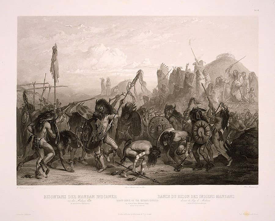 Karl Bodmer (1809-1893). "The Bison Dance of the Mandan Indians," ca. 1840-43.Hand-colored aquatint: 16.375 x 21.375 in. Gift of Miss Clara S. Peck. 21.69.18
