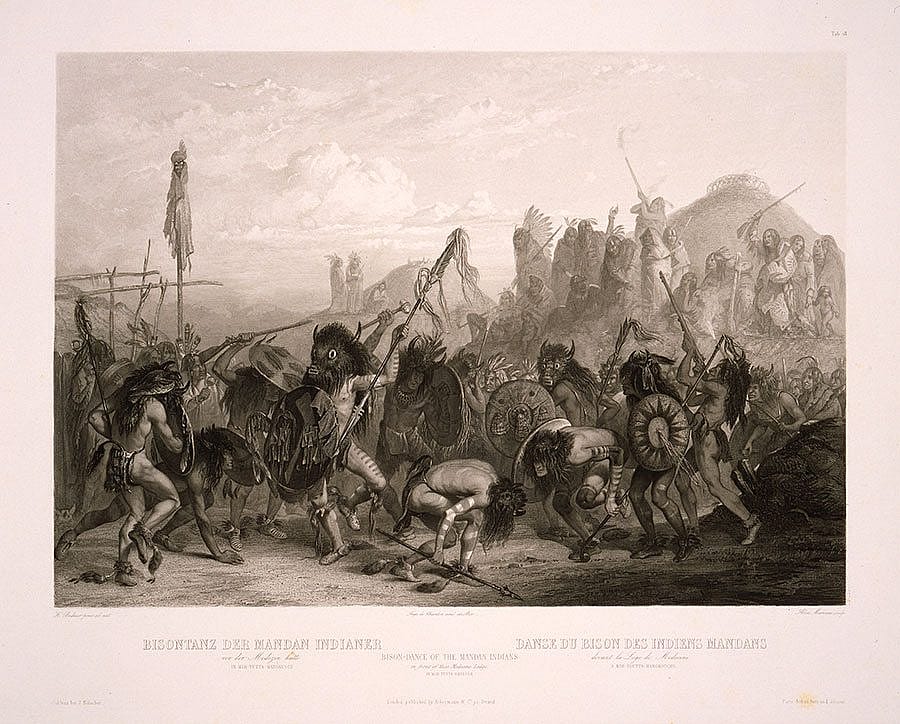 Karl Bodmer (1809-1893). "The Bison Dance of the Mandan Indians," ca. 1840-43.Hand-colored aquatint: 16.375 x 21.375 in. Gift of Miss Clara S. Peck. 21.69.18