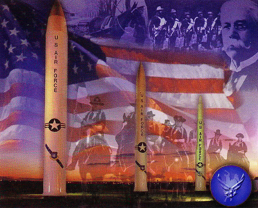 Several of America's nuclear missiles, left to right, Atlas, Minuteman, and Peacekeeper, are portrayed in this Air force image superimposed on photos of western cavalrymen, clearly linking the Atomic West to the Old West. All three, like the cavalry, were spread across the western states. Photo courtesy F.E. Warren Air Force Base, Cheyenne, Wyoming.