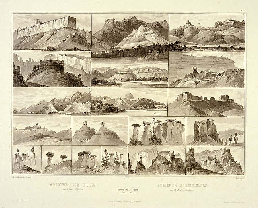 The landscape of the West captivated both Bodmer and Fritz. Karl Bodmer (1809-1893). "Remarkable Hills on the Upper Missouri," ca. 1840-1843. Aquatint, 18.125 x 24.875 inches. Gift of Clara S. Peck. 21.69.60