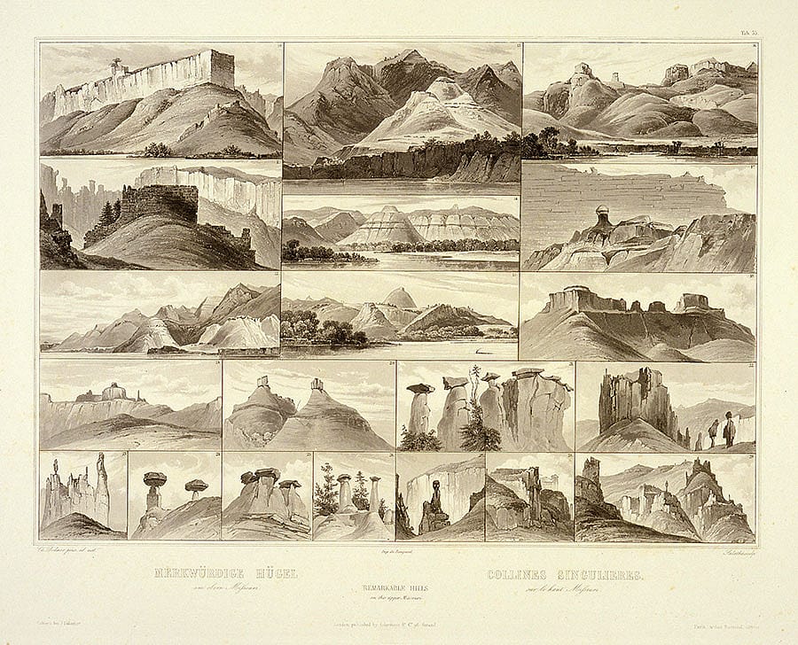 The landscape of the West captivated both Bodmer and Fritz. Karl Bodmer (1809-1893). "Remarkable Hills on the Upper Missouri," ca. 1840-1843. Aquatint, 18.125 x 24.875 inches. Gift of Clara S. Peck. 21.69.60