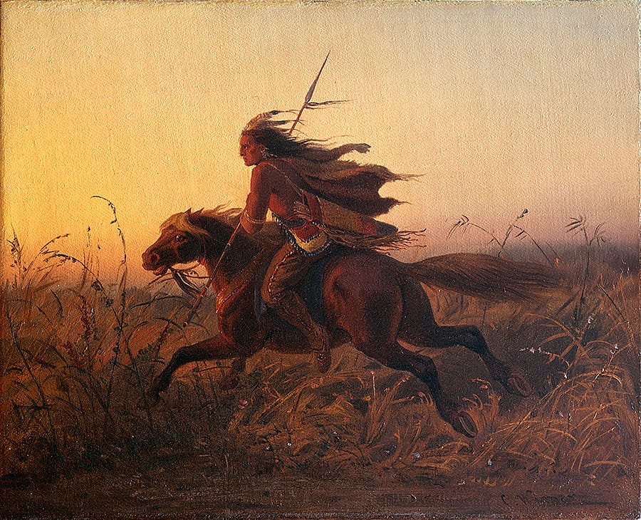 Wimar's style was romantic and theatrical, unlike Fritz's more realistic technique. Carl Wimar (1828-1862). "On Pursuit," ca. 1850-1860. Oil on canvas, 12.75 x 15.5 inches. Gift of Mr. and Mrs. W.D. Weiss. 13.98.2