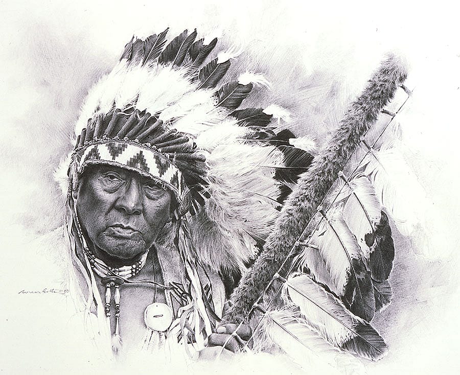 Loren Entz (b. 1949). "Joe Medicine Crow," 1983. Pencil on paper. 2.05