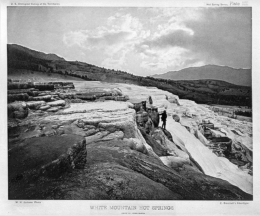 Albertype of William Henry Jackson photo of White Mountain Hot Springs (today's Mammoth Hot Springs in the northwest corner of Yellowstone National Park). U.S. Geological Survey of the Territories, 1871. Plate III. Buffalo Bill Center of the West, Cody, Wyoming, USA. On loan from Dr. Robert Enteen. WHJ-A.057