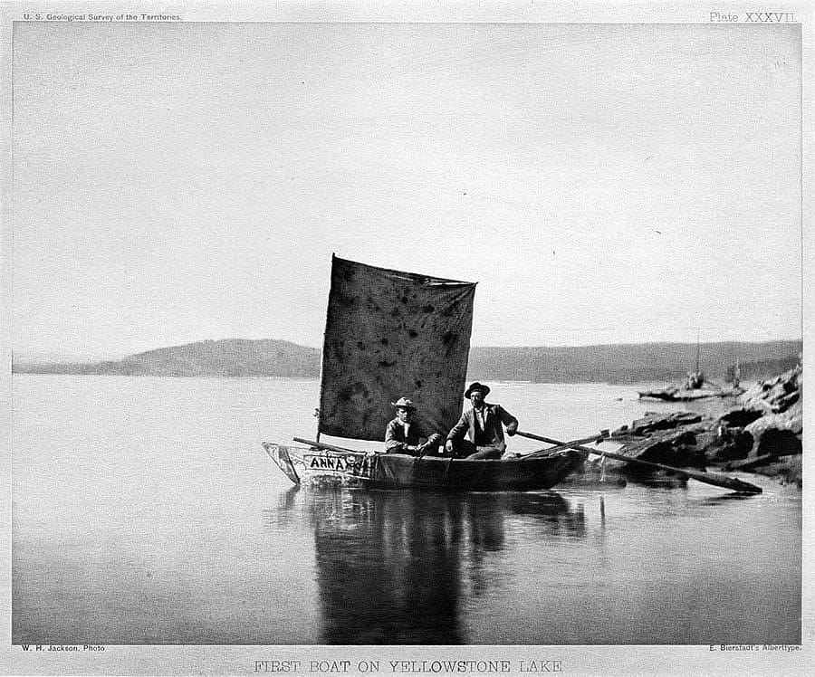 Albertype of William Henry Jackson photo of "1st boat on Yellowstone Lake." U.S. Geological Survey of the Territories, 1871. Platte XXXV11. From the collection of Dr. Robert Enteen. WHJ-A.040
