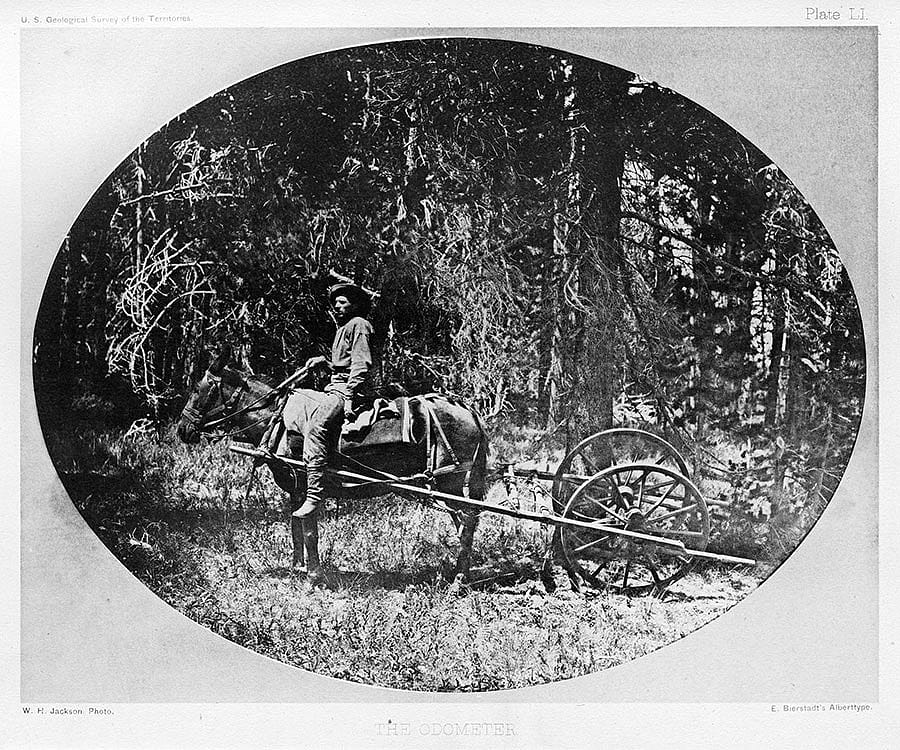 Albertype of William Henry Jackson photo. Expedition rider measures distance with this early odometer. U.S. Geological Survey of the Territories, 1871. Plate LI. Buffalo Bill Center of the West, Cody, Wyoming, USA. From the collection of Dr. Robert Enteen. WHJ-A.054