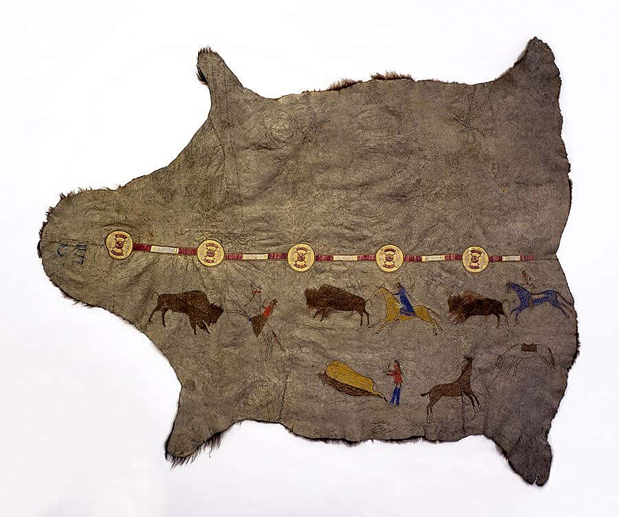Painted Buffalo Robe. Nuxbaaga (Hidatsa), Northern Plains, ca. 1875. Tanned buffalo hide, pigments, porcupine quills. Gift of William L. Cone. NA.702.30