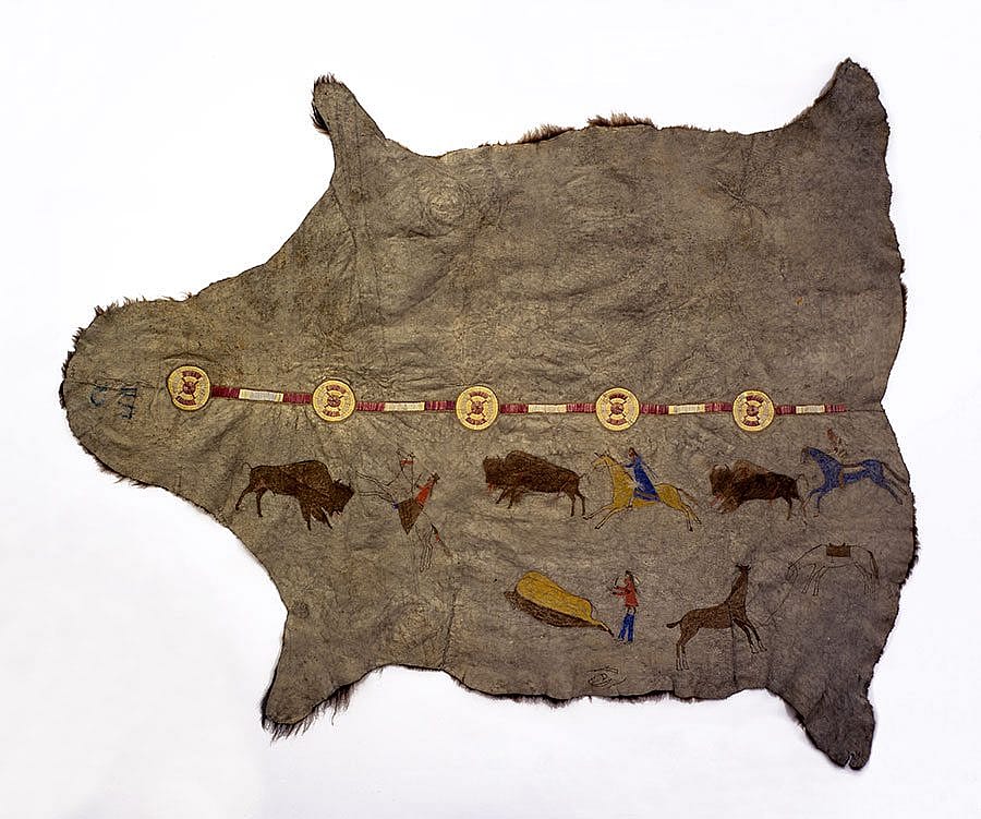 Painted Buffalo Robe. Nuxbaaga (Hidatsa), Northern Plains, ca. 1875. Tanned buffalo hide, pigments, porcupine quills. Gift of William L. Cone. NA.702.30