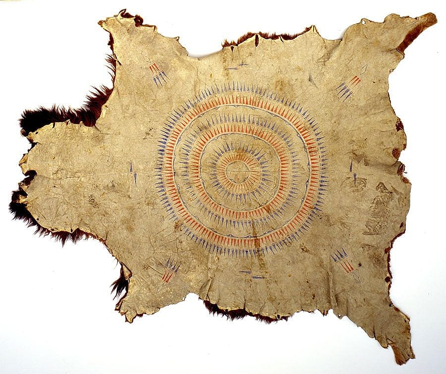 Mandan buffalo robe, ca. 1865. Tanned buffalo robe painted with pigments. Chandler-Pohrt Collection. NA.202.839