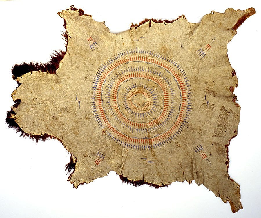 Mandan buffalo robe, ca. 1865. Tanned buffalo robe painted with pigments. Chandler-Pohrt Collection. NA.202.839