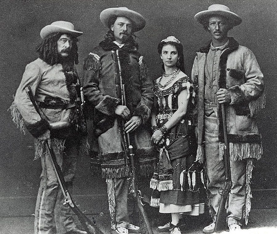 Ned Buntline, Buffalo Bill, Mlle. Morlacchi, and Texas Jack Omohundro (as they appeared in stage plays), ca. 1870. Black and white photograph. MS 71 Vincent Mercaldo Collection. P.71.1280