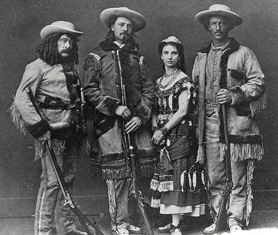 Ned Buntline, Buffalo Bill, Mlle. Morlacchi, and Texas Jack Omohundro (as they appeared in stage plays), ca. 1870. Black and white photograph. MS 71 Vincent Mercaldo Collection. P.71.1280