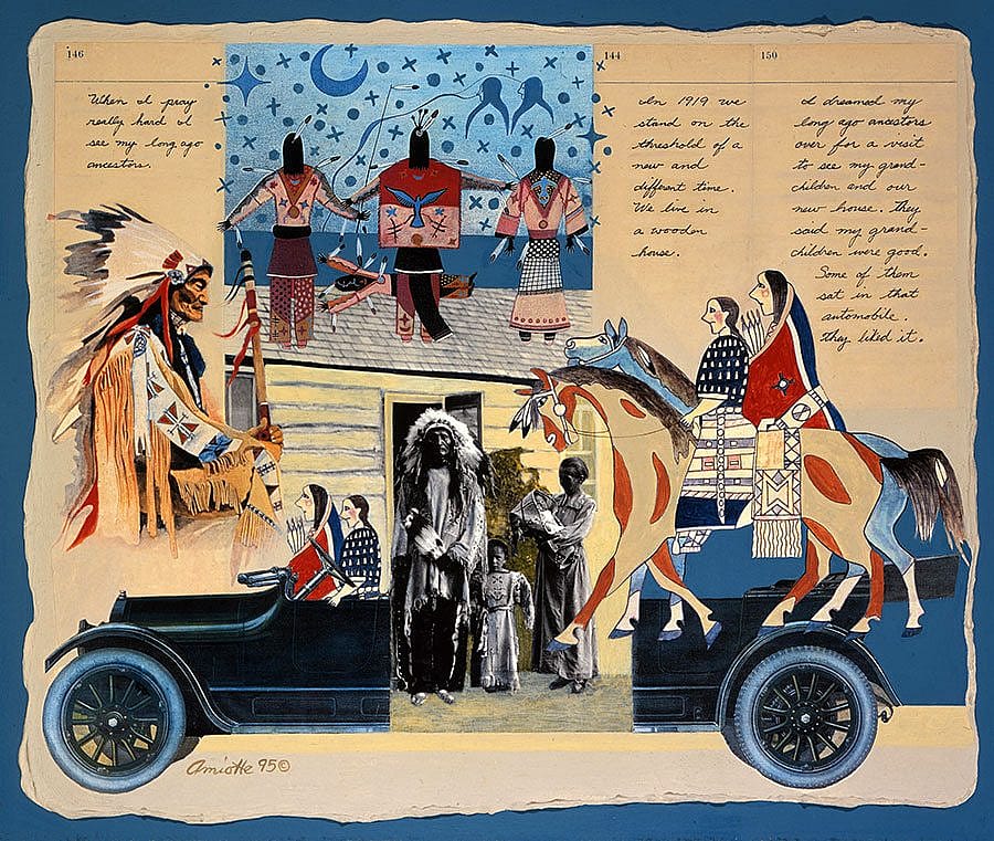 Arthur Amiotte (b. 1942). "The Visit," 1995. Acrylic and collage, 19.375 x 23.375 in. Gift of Mrs. Cornelius Vanderbilt Whitney. 17.95