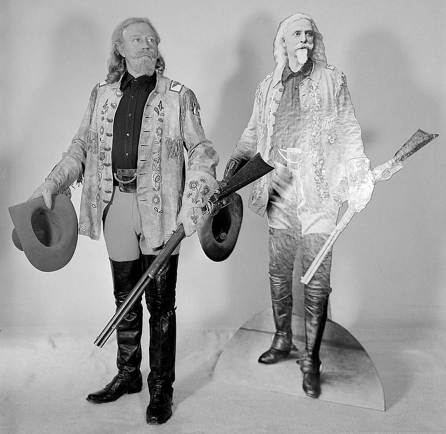 Fred Garlow with a cutout of his grandfather, Buffalo Bill, March 3, 1965. MS089 Jack Richard Photograph Collection, McCracken Research Library. PN.89.39.8484.3