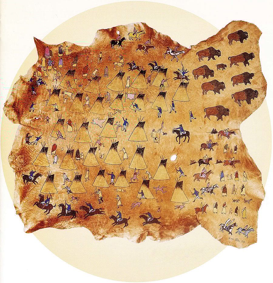 Eugene Ridgely Sr. (Northern Arapaho) "Sand Creek Massacre," 1994. Acrylic on buffalo hide. Loan from Eugene Ridgely Sr.