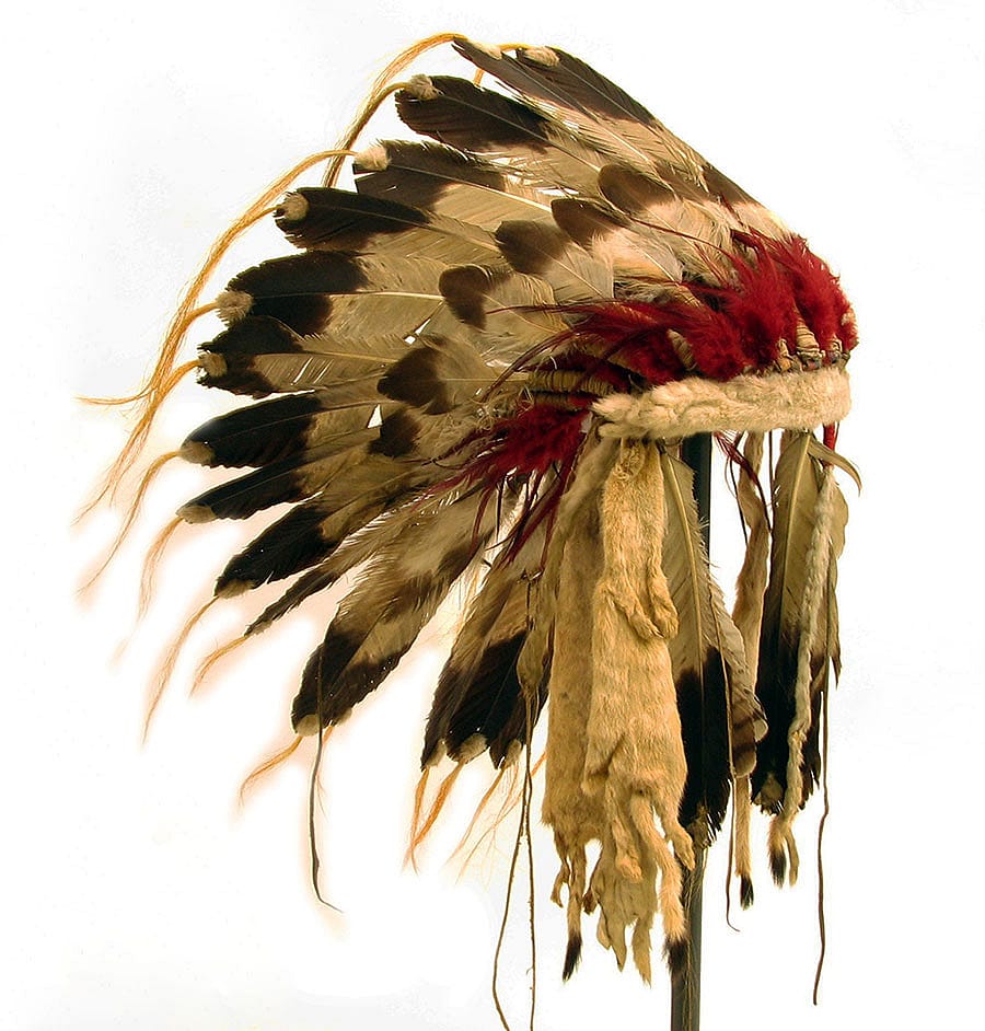 Feather bonnet possibly owned by Chief Joseph. Nez Perce, ca. 1877. Golden eagle, hawk and flicker feathers, ermine hide and fur, dyed horse hair, rawhide. The Paul Dyck Plains Indian Buffalo Culture Collection, acquired through the generosity of the Dyck family and gifts of the Nielson Family and Estate of Margaret S. Coe. NA.203.1547